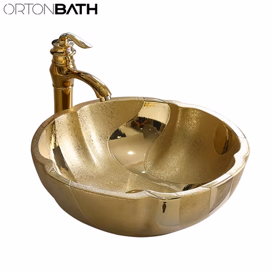 Ortonbath Rodada Borda Fina Flor Bancada de banheiro Cerâmica Galvanizada Ouro Bacia Art Lavatório Pia Sem Torneira Misturadora para Armário de Vaidade de Banheiro